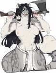  asian_clothing axe black_hair blue_eyes breasts bulge clothed clothing east_asian_clothing fangs felid fundoshi fur grey_body grey_fur gynomorph hair helena_sif_(elfox) hi_res holding_object holding_weapon intersex japanese_clothing leopard long_hair mammal melee_weapon muscular muscular_gynomorph muscular_intersex nipples open_mouth pantherine paperclip_(artist) pawpads simple_background topless underwear weapon white_background 
