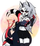  angry anthro blitzo_(vivzmind) bottomwear breast_smother breasts canid canid_demon canine canis clothing collar cross-popping_vein demon female hellhound helluva_boss hi_res hug humanoid loona_(vivzmind) male male/female mammal red_sclera shorts smothering ta-na tailwag vein wolf 