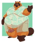  2020 animal_crossing anthro balls bottomwear brown_body brown_fur canid canine captainjusticevirtsuoso clothing fur genitals hi_res humanoid_hands justicecaptainv male mammal nintendo obese overweight overweight_male penis raccoon_dog shirt shorts solo tanuki tom_nook_(animal_crossing) topwear video_games 