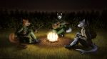  3d_(artwork) ak-47 alcohol assault_rifle backpack beverage black_body black_fur blue_hair blue_nose bonfire brown_nose camo camping canid canine canis clothing darkgist digital_media_(artwork) domestic_dog elson_ulfur fish food footwear forest fur grass green_eyes group guitar gun hair heterochromia hi_res hood husky la_volpe leon_husker male mammal marine musical_instrument nature night nordic_sled_dog orange_body orange_fur outside plant plucked_string_instrument potato ranged_weapon rifle shark shoes shotgun spitz stalker star string_instrument text tree vegetable vodka weapon white_body white_fur 