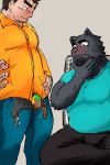  2020 anthro belly black_body black_fur bottomwear bulge clothing duo fur hi_res human humanoid_hands kemono male mammal pants shirt simple_background sitting slightly_chubby topwear underwear unmuchunmuch 