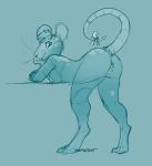  anthro bent_over blue_background blue_eyes breasts butt claws conditional_dnp eyelashes female genitals hairless_tail hand_on_chin head_tuft hi_res hindpaw looking_at_viewer mammal murid murine nipples nude open_mouth paws presenting pussy raised_tail rat rear_view ribbons rodent sefeiren side_boob simple_background sketch spots standing tail_bow tail_ribbon tuft whiskers 