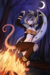  absurd_res anthro breasts clothed clothing dancing didelphid female fire grey_hair hair harem_outfit hi_res jewelry kastoluza mammal marsupial moon multicolored_body night piercing rovueri sash skimpy solo two_tone_body virginia_opossum 