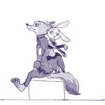  2017 anthro barefoot belt bottomwear canid canine clothed clothing comic disney fox fully_clothed fur judy_hopps lagomorph leporid mammal nick_wilde pants police_uniform rabbit red_fox shirt side_view sitting topwear uniform zootopia へべ 