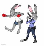  2019 bottomwear boxing_gloves clothed clothing disney fully_clothed fur grey_body grey_fur handwear hi_res holding_gun holding_object holding_weapon judy_hopps lagomorph leporid mammal multiple_poses notched_ear pose purple_eyes rabbit scar shirt shorts simple_background smile606 standing tank_top topwear weapon whiskers white_background zootopia 
