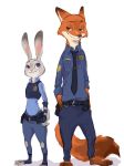  2017 anthro bottomwear brown_body brown_fur canid canine clothed clothing comic disney fox fully_clothed fur grey_body grey_fur judy_hopps lagomorph leporid mammal necktie nick_wilde pants police_uniform rabbit red_fox shirt simple_background standing topwear uniform white_background zootopia へべ 