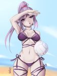  2018 bikini bikini_bottom bikini_top breasts clothed clothing cloud cloudscape eyebrows eyelashes female hair krakenparty long_hair looking_at_viewer navel not_furry open_mouth partially_clothed purple_body purple_eyes sand seaside signature sky solo sport swimwear unknown_species volleyball water 