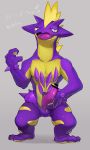  2020 amped_toxtricity anthro bodily_fluids censored digital_media_(artwork) erection genital_fluids genitals hi_res hidoritoyama holding_penis looking_at_viewer male nintendo nude open_mouth penis pok&eacute;mon pok&eacute;mon_(species) precum purple_body scalie simple_background solo standing sweat tapering_penis tongue toxtricity video_games 