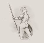  anthro armor bovid butt cabura caprine clothed clothing ear_piercing goat half_naked horn looking_at_viewer looking_back male mammal melee_weapon nude partially_clothed piercing polearm shield smile solo sorin(cabura) spear weapon 