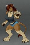  anthro bared_teeth belt big_breasts black_lips blacktigerr bottomwear breasts brown_body brown_fur brown_nose claws clothing curled_fingers denim digitigrade ear_piercing ears_back facial_piercing felid female fur hair hi_res lion lips looking_at_viewer mammal messy_hair muscular muscular_arms muscular_female muscular_legs nose_piercing pantherine pawpads paws piercing pivoted_ears shirt shoka_attenborough shorts solo tank_top thick_thighs topwear yellow_eyes 