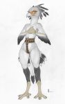  2020 4_toes accipitriform anisodactyl anthro avian belt bird clothed clothing colored ecmajor edit eyelashes feathers female flat_chested greyscale hi_res monochrome open_mouth reptile scales scalie secretary_bird simple_background skimpy snake solo toes traditional_media_(artwork) white_background wide_hips 