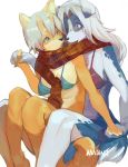 anthro bikini black_nose blue_body blue_eyes blue_fur breasts canid canine canis claws clothed clothing countershading dipstick_tail domestic_dog duo eye_contact female female/female floppy_ears fox fur hair hand_holding horn kemono long_hair looking_at_another looking_at_partner magiace mammal multicolored_body multicolored_fur multicolored_tail on_lap open_mouth orange_body orange_fur romantic_ambiance romantic_couple shared_clothing shared_scarf simple_background sitting sitting_on_lap skimpy smile swimwear two_tone_body two_tone_fur white_background white_body white_countershading white_fur white_hair yellow_body yellow_countershading yellow_fur 