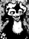  abstract_background ambiguous_gender anthro character_request horizontal_pupils horn kemono_priestess monochrome navel scarf solo unknown_species 