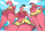 anus avian big_breasts big_butt bird brand_new_animal breasts butt clothing feathers female flamingo genitals group hair hat headgear headwear hi_res looking_at_viewer looking_back low-angle_view nipples ownychan pink_hair plump_labia pussy smile smirk studio_trigger thick_thighs under_boob upskirt 