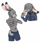  2019 clothed clothing dipstick_ears disney ears_down fur grey_body grey_fur hi_res holding_cup holding_object judy_hopps lagomorph leporid mammal multicolored_ears multiple_poses necktie notched_ear pivoted_ears police_uniform pose purple_eyes rabbit scar shirt simple_background smile606 topless topwear uniform white_background zootopia 
