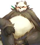  2020 absurd_res anthro belly black_body black_fur blush bulge chiro_(artist) fur hi_res kemono leaf male nintendo obese overweight overweight_male pangoro pok&eacute;mon pok&eacute;mon_(species) simple_background sitting solo solo_focus video_games white_background white_body white_fur 