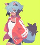  anthro blue_hair brand_new_animal brown_body brown_fur canid canine clothing female fur green_background hair hands_in_pockets jamjambottle kemono mammal michiru_kagemori multicolored_hair open_mouth pockets raccoon_dog simple_background solo studio_trigger tanuki tracksuit 
