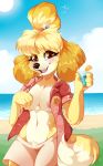  animal_crossing anthro beach beverage blush breasts brown_eyes canid canine canis clothed clothing domestic_dog female fur hair isabelle_(animal_crossing) looking_at_viewer mammal nintendo nipples open_mouth outside pastelxpixels seaside shih_tzu smile solo standing teeth tongue toy_dog video_games yellow_body yellow_fur 