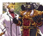  5_fingers anthro black_body black_fur bow_tie claws clothed clothing duo eye_patch eyewear felid fingers fist flower fur green_eyes hand_in_pocket leopard male mammal open_mouth ose_(tas) pantherine plant pockets red_clothing red_topwear scar suit teeth tezcatlipoca tokyo_afterschool_summoners topwear video_games whiskers white_clothing white_topwear wings yellow_body yellow_fur yow 