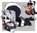  anthro blitzo_(vivzmind) bottomwear canid canid_demon canine canis clothing collar demon female hellhound helluva_boss humanoid loona_(vivzmind) male mammal phone red_sclera shorts ta-na wolf 
