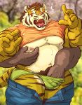  2020 anthro belly blush bottomwear brown_body brown_fur clothed clothing felid fur grope hi_res humanoid_hands kemono male mammal moobs nipples open_shirt outside overweight overweight_male pantherine pants pink_nose raichoclub shirt solo_focus tiger topwear underwear 