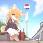  anthro bench bottomwear brown_eyes bus_stop canid canine clothed clothing fallinnight female fox fur hair hi_res jacket kemono mammal orange_body orange_fur orange_hair outside overpass shirt sitting skirt sky solo suitcase topwear white_body white_fur 