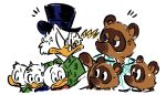  2020 3cmit anatid angry animal_crossing anseriform anthro avian bird blue_eyes brown_body brown_fur canid canine clothing dewey_duck duck eyewear fur glasses group hat headgear headwear huey_duck louie_duck mammal nintendo raccoon_dog scrooge_mcduck shirt simple_background tanuki timmy_nook tom_nook_(animal_crossing) tommy_nook topwear video_games white_background white_body 