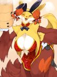  &lt;3 2020 4_fingers absurd_res anthro breasts bunny_costume canid canine clothing costume delphox female fingers fur hi_res kame_3 looking_at_viewer mammal nintendo open_mouth orange_eyes pok&eacute;mon pok&eacute;mon_(species) signature solo video_games white_body white_fur yellow_body yellow_fur 