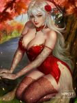  accessory big_breasts breasts clothing elf female flower flower_in_hair hair hair_accessory humanoid legwear lipstick long_hair makeup not_furry plant red_lipstick shurakrgt silver_hair solo thigh_highs 