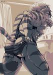  5_fingers anthro bathroom brush brushing brushing_teeth butt clothed clothing dressing felid fingers fur hair looking_back male mammal muscular muscular_male nipples nomad_(tas) pantherine pecs solo striped_body striped_fur stripes tiger tokyo_afterschool_summoners topless underwear video_games yu_chi_i 