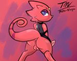  2020 absurd_res animal_crossing anthro anus backsack balls bottomless butt chameleon clothed clothing collar flick_(animal_crossing) genitals hi_res lizard looking_at_viewer male nintendo piercing prate purple_eyes raised_tail rear_view red_background red_body red_theme reptile scalie shirt signature simple_background smaller_version_at_source solo standing tank_top topwear video_games 