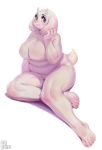  4_toes anthro aruurara big_breasts blue_eyes bovid breasts caprine featureless_breasts female fur goat hi_res horn mammal mature_female nude signature simple_background sitting slightly_chubby solo toes toriel undertale video_games white_background white_body white_fur 