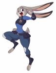  2017 anthro buckteeth clothed clothing dipstick_ears disney female fully_clothed fur grey_body grey_fur hi_res judy_hopps lagomorph leporid lionalliance mammal multicolored_ears open_mouth open_smile police_uniform rabbit simple_background smile solo teeth uniform white_background zootopia 