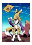  after_transformation anthro blue_eyes canid canine confusion digimon digimon_(species) female fox hi_res mammal markings purple_markings renamon solo transformation trevor-fox tuft 