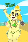  alcohol animal_crossing anthro beach beer berkthejerk beverage big_breasts bikini blush breasts brown_eyes canid canine canis clothed clothing dialogue domestic_dog english_text female fur hair hi_res isabelle_(animal_crossing) mammal nintendo nipples open_mouth seaside shih_tzu smile solo swimwear teeth text thick_thighs tongue toy_dog video_games wardrobe_malfunction wave wide_hips yellow_body yellow_fur 