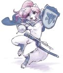  2020 4_toes 5_fingers arctic_fox areola breasts brown_eyes canid canine cape clothing eyebrows eyelashes female fingers fox genitals hair mammal melee_weapon nipples pink_hair pussy rapier shield sword toes unimpressive_(artist) weapon 