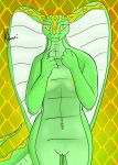  2020 anthro breasts cobra female genitals green_body green_skin hi_res immoveableguide kiwi_(character) looking_at_viewer navel navel_piercing nipples nude piercing pussy reptile scalie simple_background snake snake_hood solo standing yellow_eyes 
