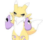  2015 angry anthro armwear black_sclera blue_eyes blush bridal_gauntlets canid canine chest_tuft clothing digimon digimon_(species) female fur kemono lets0020 mammal renamon solo tuft white_body white_fur yellow_body yellow_fur 