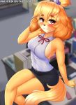  2020 animal_crossing anthro blurred_background blush book breasts canid canine canis clothed clothing computer digital_media_(artwork) domestic_dog eyelashes female hand_behind_head hi_res isabelle_(animal_crossing) laptop looking_at_viewer mammal nintendo shih_tzu sitting smile solo text toy_dog twistedscarlett60 url video_games 