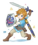  2019 blonde_hair blue_eyes boots breath_of_the_wild clothing footwear giraffe_(artist) hair humanoid humanoid_pointy_ears hylian link male master_sword melee_weapon nintendo shield signature simple_background solo sword the_legend_of_zelda video_games weapon white_background 