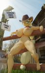  3d_(artwork) abs absurd_res anthro anthrofied applejack_(mlp) barn barrel big_breasts blender_(software) blonde_hair bodily_fluids breasts clothing cowboy_hat cum digital_media_(artwork) equid equine female fence friendship_is_magic genital_fluids genitals green_eyes hair hat headgear headwear hi_res horse huge_breasts looking_at_viewer low-angle_view mammal milk_jug_(object) muscular muscular_female my_little_pony navel nipples pony pose pussy sign smile solo stetson stetson_hat unnero1 