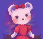  anthro black_nose blouse blush bottomwear bow brown_eyes clothed clothing dreams_(video_game) female frances_(dreams) fur gloves handwear hi_res looking_at_viewer mammal nefeli purple_background simple_background smile solo standing teeth topwear ursid video_games white_body white_fur 