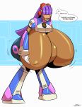  absurd_res android armor belly big_breasts blue_clothing boots breast_expansion breasts butt capcom clothing english_text female footwear hair hand_on_breast hi_res huge_breasts humanoid layer machine mega_man_(series) mega_man_x_(series) megaman_x purple_hair reploid robot simple_background solo speech_bubble text unknown_artist video_games white_background 