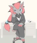 2015 anthro barefoot black_body black_fur blue_eyes breasts business_suit canid canine chair chest_tuft claws clothed clothing crossed_legs desk drawing dress_shirt female fluffy fur furniture hair kemono lets0020 mammal nintendo office_chair paper pen pok&eacute;mon pok&eacute;mon_(species) red_hair shirt simple_background sitting solo suit topwear tuft video_games white_background zoroark 