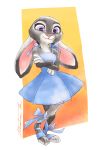  2016 alternate_version_at_source anthro clothed clothing crossed_arms disney dress ears_down female fully_clothed fur grey_body grey_fur hermione_lin hi_res judy_hopps lagomorph leporid looking_at_viewer mammal pink_nose pivoted_ears rabbit signature simple_background smile solo standing zootopia 