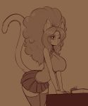  2020 anthro apple book bottomwear breasts clothing domestic_cat felid feline felis female food fruit hi_res legwear mammal miniskirt monochrome one_eye_closed plant puffy_hair scorpdk sepia sepia_tones skirt stockings wink 