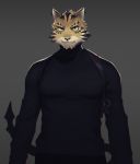  anthro black_bottomwear black_clothing black_shirt black_topwear bottomwear clothed clothing felid fur half-length_portrait leopard looking_at_viewer male mammal ose_(tas) pantherine portrait shirt simple_background solo tokyo_afterschool_summoners topwear video_games white_body white_fur yellow_body yellow_fur yow 