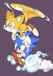  2020 anthro black_eyes blue_body blue_fur canid canine carrying classic_sonic classic_sonic_(universe) classic_tails clothing duo eulipotyphlan flying footwear fox fur gloves hand_holding handwear hedgehog hi_res male mammal mennnntaiko miles_prower purple_background shoes simple_background sonic_the_hedgehog sonic_the_hedgehog_(series) white_body white_fur yellow_body yellow_fur 