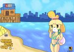  2020 all_fours animal_crossing anthro beach bell bikini breasts canid canine canis city cityscape clothing digital_media_(artwork) doggystyle domestic_dog english_text female from_behind_position grand_theft_auto isabelle_(animal_crossing) looking_at_viewer mammal nintendo outside parody phone pinup pose rockstar_games sea seaside selfie sex small_breasts smile solo swimwear text toony tsoup video_games water 
