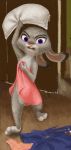  2020 absurd_res angry anthro barefoot buckteeth dipstick_ears disney female fur grey_body grey_fur hareluca hi_res holding_object inside judy_hopps lagomorph leporid mammal multicolored_ears purple_eyes rabbit solo teeth towel towel_only zootopia 